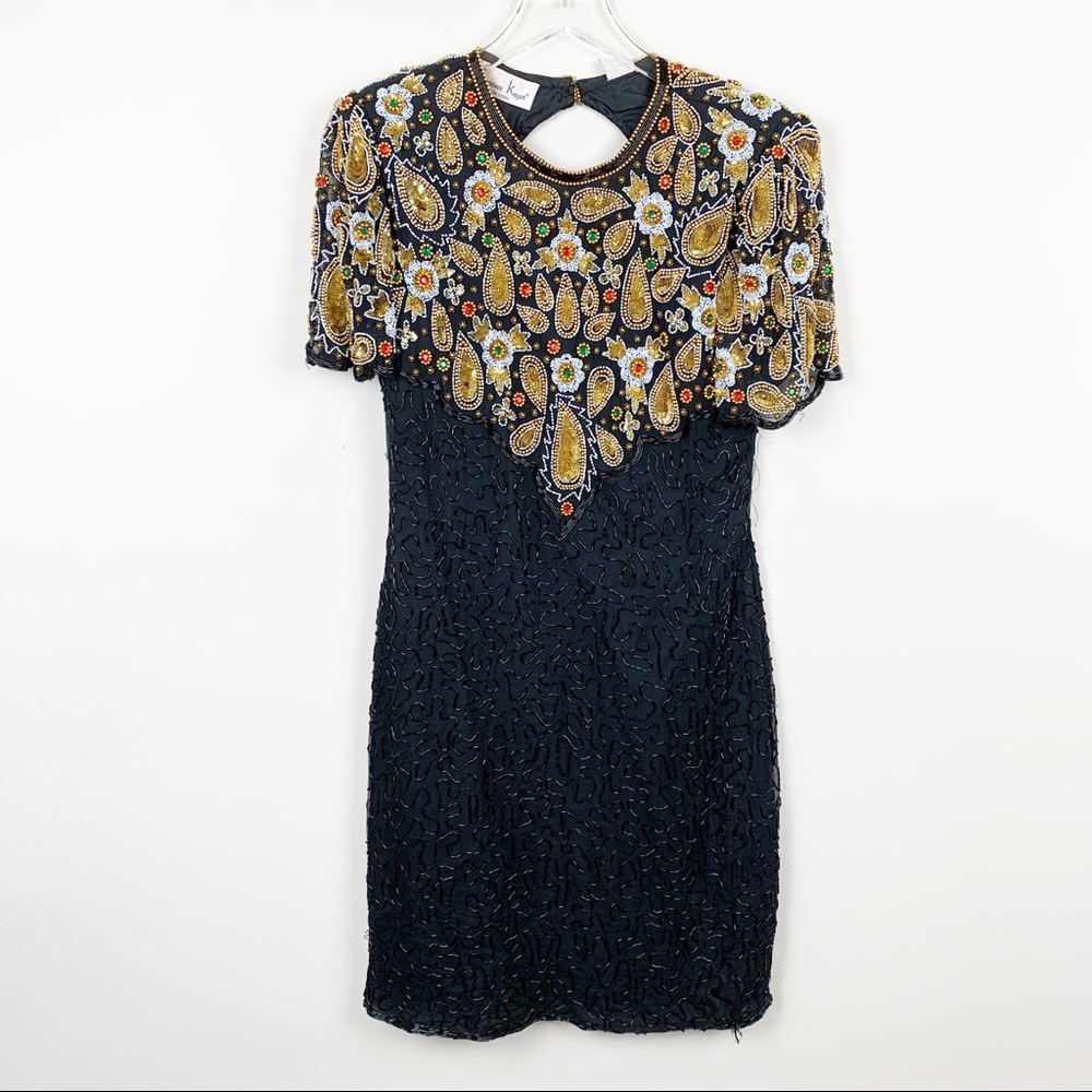 Laurence Kazar Black and Gold Embellished Dress